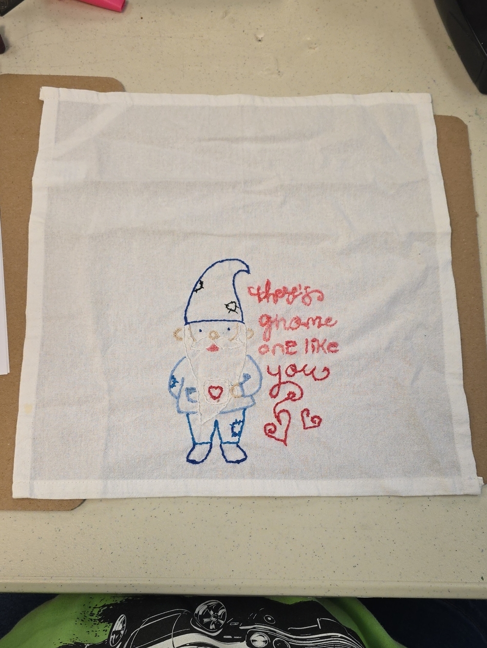 Embroidered Gnome Kitchen Linen - White with Blue & Red Stitching